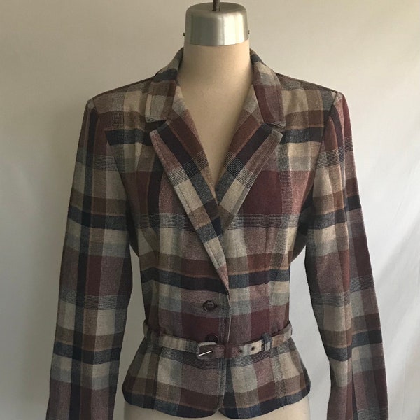 1970s Does 1940s PLAID Wool Jacket with Belt - Boho Plaid Jacket -Peplum Jacket -Cottagecore Plaid Jacket -Pin Up Plaid Jacket -Plaid Blazer