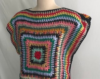 Folk Striped Square Crochet Sweater - Upcycled Crochet Top -1970s Pullover Sweater-Wool Crochet Top -Cottagecore Sweater-Multi Color Sweater