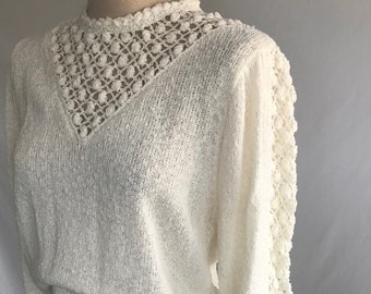 1980s White Slub Crepe Knit Victorian Revival Puff Sleeve Sweater - Size L - Semi Sheer Sweater - Pullover Sweater -Cottagecore Boho Sweater