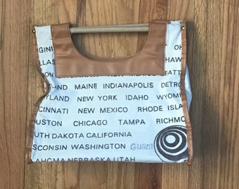 1970s Canvas USA States Graphic Tote Bag - Novelty Printed Tote - Book Bag - Minimalist Bag