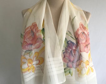 1940s Hand Painted Floral Semi Sheer Scarf - Pin Up Scarf - Rockabilly Scarf - VLV