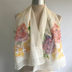 1940s Hand Painted Floral Semi Sheer Scarf - Pin Up Scarf - Rockabilly Scarf - VLV