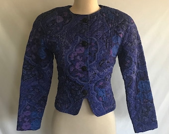1980s Quilted Cropped Jacket: Paisley Floral Print, Boho Style