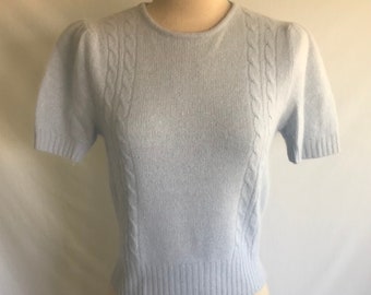 1990s Blue ANGORA Wool Short Sleeve Pullover Sweater - Puff Sleeve - 1940s Sweater - Pin Up Sweater - Pastel Sweater - XS S - Cable Sweater