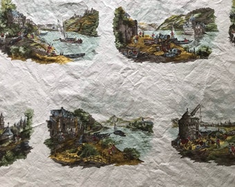 1950s Cotton Landscape Castle Oceanic Scenes Fabric - 1700's Spanish Scenes - Mid Century Fabric - 5 Panels