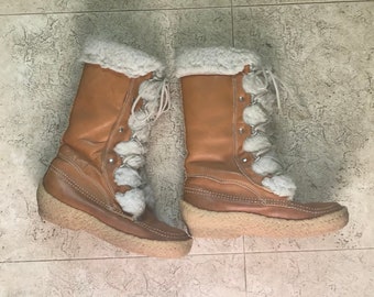70s Cabelas Leather Sherpa Winter Boots - Lace Up Boho Size 7