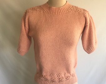 1980s Does 1940s Rose Pink Hand Knit COTTON Short Sleeve Pullover Sweater -Size S -Pin Up Sweater -Land Girl Sweater-Crew Neck-Cottagecore