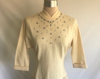 1950s WOOL Knit Rhinestone Blouse - Rockabilly Blouse - Back Buttoning Blouse - Bejeweled Blouse - Pin Up Blouse - Size S