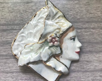 Victorian Style Ceramic Lady Head Brooch - Winter Brooch - 1920s Style Brooch - Art Nouveau Brooch