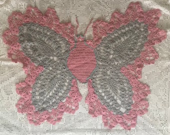 1950s Hand Crocheted BUTTERFLY Doily - Vintage Textile Supply - Butterfly Applique - Butterfly Home Decor -Lace Doily -Pastel Crochet -Moth