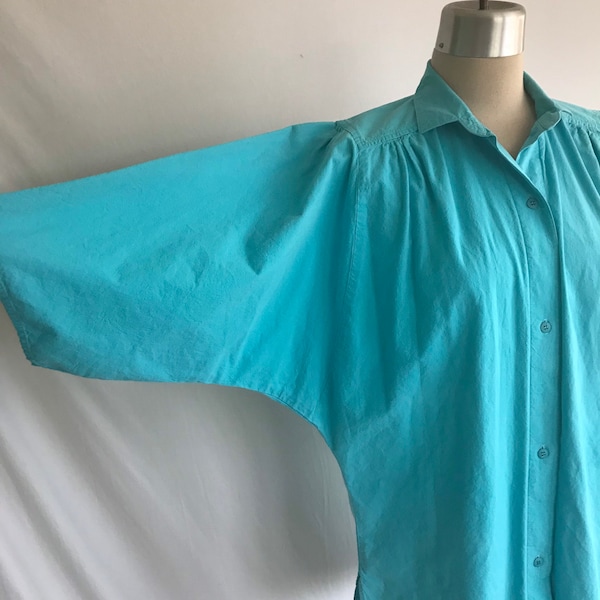 1980s BATWING Cotton Smock Blouse - Dolman Sleeve Blouse - Beach Top - Boho Blouse - Teal Blouse - Cole of California - Puff Sleeve Blouse