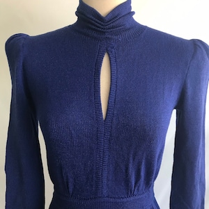 1980s ST JOHN by Marie Gray Blue Sweaterdress - High Neck Dress - Puff Sleeve Dress - Keyhole Neckline Dress -1940s Pin Up Dress