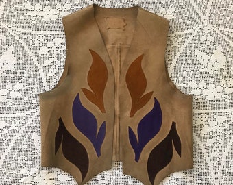 1960s Appliqued Leather Vest - Genuine Leather Vest - Boho Leather Vest - Open Front Vest - Hippie Leather Vest - Multi Colored Leather