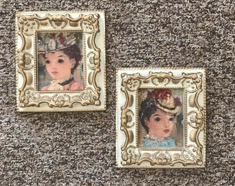 1950s Pair of Victorian Lady Portrait Painting Prints in Ornate Frames - Pin Up Bedroom Decor - Vintage Boudoir Decor