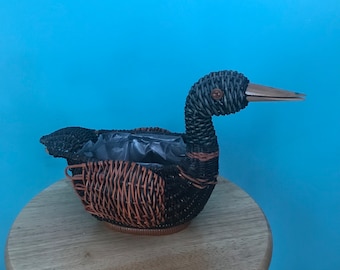 1980s Novelty DUCK Basket Planter - Bohemian Plant Decor -Duck Planter -Vintage Woven Basket - Cottagecore Planter -Boho Planter -Basket Pot