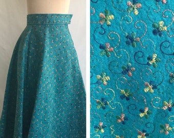 1950s Floral Embroidered Wool FELT Skirt - Half Circle Skirt - Rockabilly Skirt - High Waisted Skirt - Multi Colored Floral Skirt