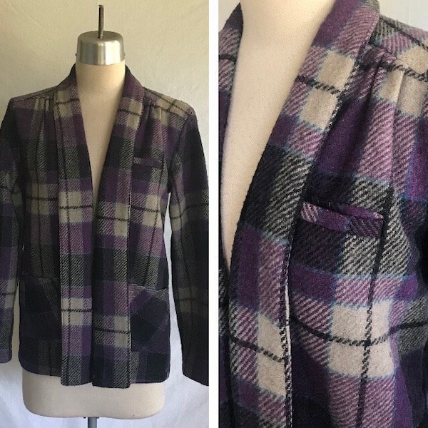 1980s Purple Plaid WOOL Blazer Jacket - 1940s Style Jacket with Pockets- Open Front Jacket - Thick Plaid Jacket -Rolled Collar -Swing Jacket