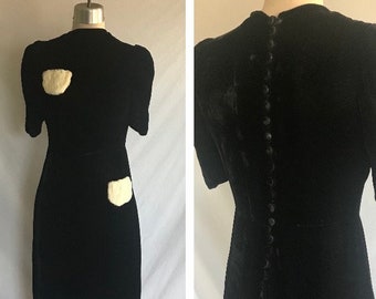 1930s Black Velvet Art Deco Dress with White Rabbit Fur Pockets - Puff Sleeve Dress - High Neck Dress - Holiday Dress -Ginger Rogers -Pin Up