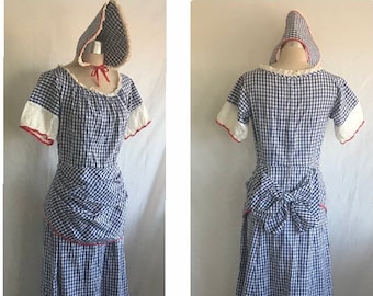 1940s Does 1880s Blue and White Cotton Gingham Peplum Bow Bustle Puff Sleeve Dress with Bonnet - Victorian Revival