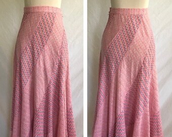 1970s Jersey Knit Pieced Maxi Skirt -Boho Maxi Skirt -Bias Cut Skirt -Scalloped Hem -Groupie Style - Striped Skirt-Red White Blue -Geometric