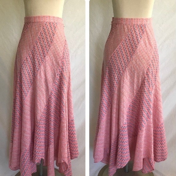 1970s Jersey Knit Pieced Maxi Skirt -Boho Maxi Skirt -Bias Cut Skirt -Scalloped Hem -Groupie Style - Striped Skirt-Red White Blue -Geometric