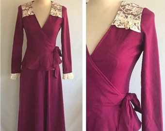 1970s Wrap Peplum Jersey Knit Purple Maxi Dress with Lace Accents - Boho Dress - Victorian Style Dress