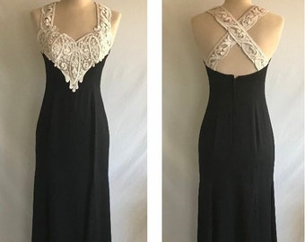 1980s Scott McClintock Ornate Lace Appliqued Mermaid Formal Dress - Vintage Holiday Dress - Victorian Dress - Hourglass Dress