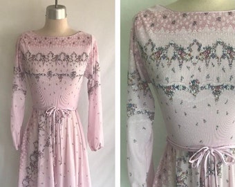 1980s Purple Floral Knit Micro Pleated Dress -Boat Neck Dress -Cottagecore Dress -Twirly Dress -Semi Sheer Dress-Long Sleeve Dress-Victorian