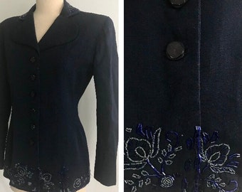 1940s Navy Blue Wool Gabardine Floral BEADED Jacket AS IS - Hourglass Fit Jacket - Pin Up Jacket -Wool Suit Jacket - Princess Seam Jacket