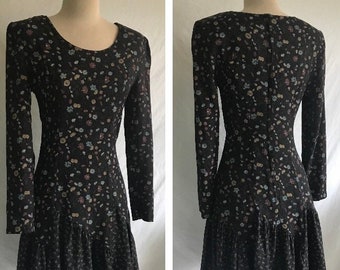 1980s Floral Mini Dress with Long Sleeves and Unique Ruffled Hemline - Boho Dress - Grunge Dress - 80s Nostalgia