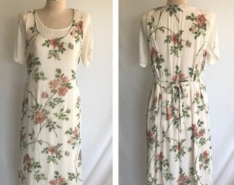 1990s Floral CHIFFON Pinafore Dress - Semi Sheer Dress - Tie Back Dress -Prairie Dress -Boho Chiffon Dress -Cottagecore Dress -Grunge Dress