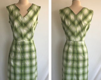 1950s Repro Cotton Plaid Wiggle Dress - Sleeveless Dress - Summer Dress -VLV -Rockabilly Dress -Size M -Notched V Neck Dress -Body Con Dress