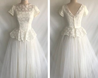 1950s Tulle and Lace Scalloped Peplum Wedding Gown - Vintage Wedding Dress - Sheer Wedding Dress - Chantilly Lace Wedding Dress - Full Dress