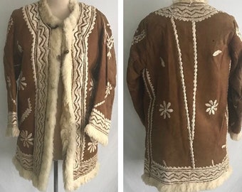 60s 70s PENNY LANE Floral Embroidered Leather Coat - Afghan Leather Coat - Sheepskin Coat - Boho Leather Coat -Hippie Sheepskin Coat -Medium