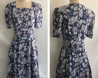 Vintage 1980s LAURA ASHLEY Does 1940's Style Puff Sleeve Dress with Pockets -Square Neck Dress -Edwardian Dress -Cottagecore Dress-Gunne Sax