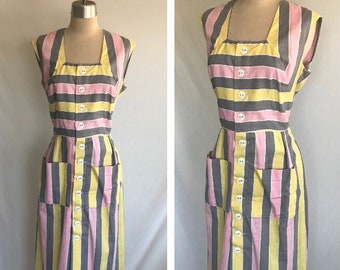 1940s Repro Pastel Striped Sleeveless Dress with Pockets - Square Neck Dress - Pin Up Dress - Rockabilly Dress - Summer Dress -A Line Dress