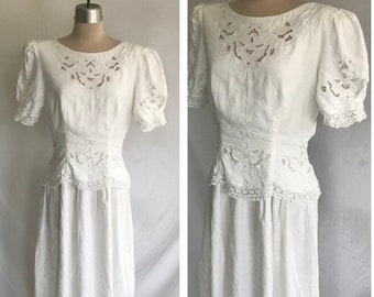 1980s White Linen CUTWORK Embroidery Edwardian Dress - Boho Wedding Dress - White Lace Dress - Marie St. Claire - Victorian Dress