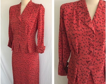 1940s SILK 2 Piece Dress - Silk Suit - Tree Print - Novelty Print Suit - Pin Up Suit - Jacket and Skirt Set - VLV - A Line Skirt