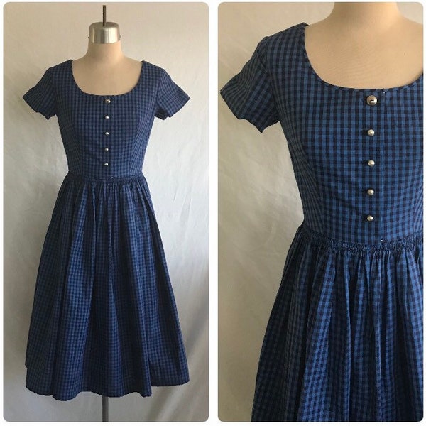 1950s LANZ of Austria Cotton Blue Gingham Full Skirt Dirndl Dress with Button Down Front