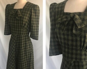 1930s REPRO Wool Plaid Square Neck Swing Dress - Puff Sleeve - Pin Up Dress - 1940s REPRO Dress - Fit and Flare Dress - Dress with Bow