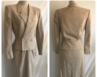 1980s Brown Speckled Wool 2 Piece Suit with Straight Skirt and Peplum Jacket - 1940s Style Suit - Boho Style Suit