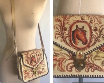 1980s Tooled Leather HORSE Crossbody Bag - Leather Purse - Boho Leather Purse -Western Purse - Floral Tooled Leather -Colored Leather Bag