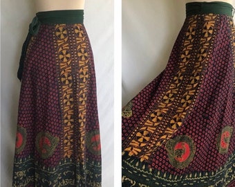 1970s MAHARAJA of Berkeley Cotton BATIK Wrap Skirt - Maxi Wrap Skirt - Hippie Skirt - Circle Wrap Skirt - Made in India -Size S -Block Print