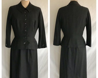 Chic 1950s Charcoal Wool Pique Wiggle Dress and Matching Jacket Outfit