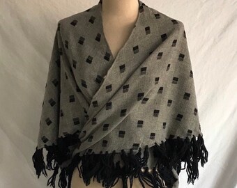 1950s Grey and Black Wool Woven Deco Geo Fringed Shawl