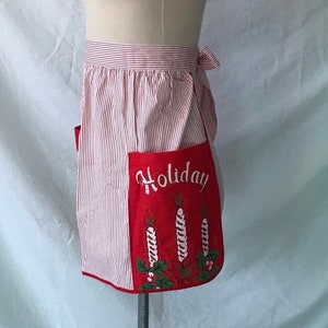 1950s Novelty Cotton Christmas Apron - Cotton Half Apron - Happy Holidays Apron - Holiday Party Apron