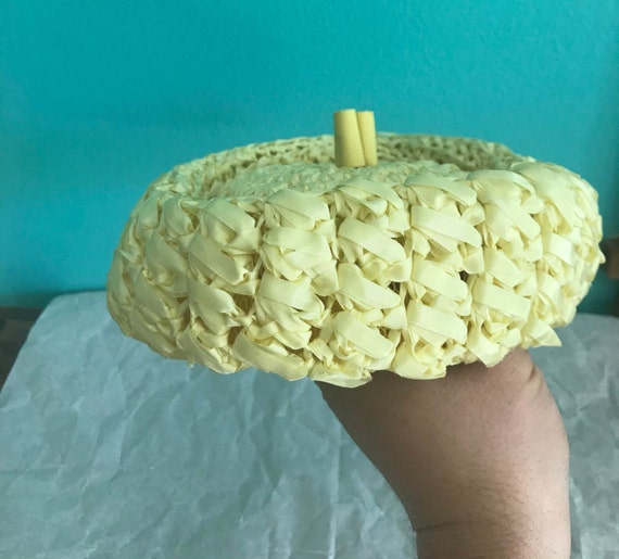 1960s Yellow Crochet Ribbon Pill Box Hat - Mrs Ma… - image 2