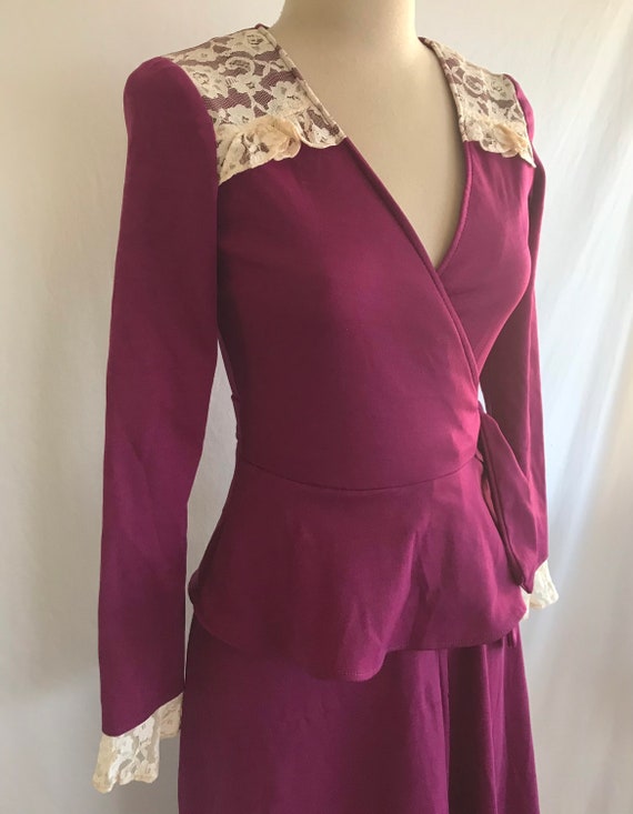 1970s Wrap Peplum Jersey Knit Purple Maxi Dress w… - image 4