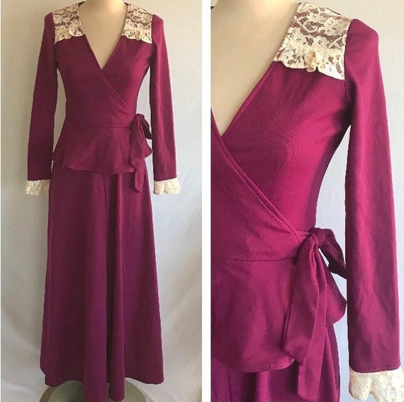 1970s Wrap Peplum Jersey Knit Purple Maxi Dress w… - image 1