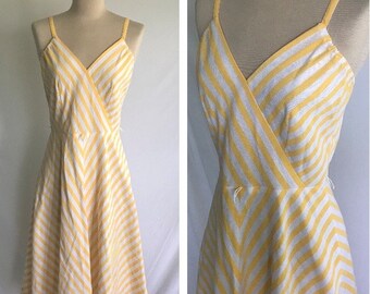 1970s Chevron Stripe Sundress - 1940s Style Sundress - Pin Up Dress - Yellow and White - V Neck Dress - Surplice Dress - Swing Dress